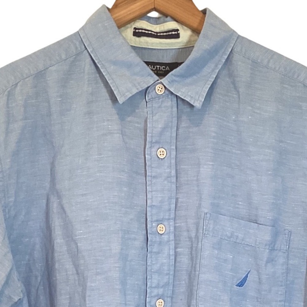 Nautica Light Blue Linen Cotton Short Sleeve Button Down Shirt Chambray - Large